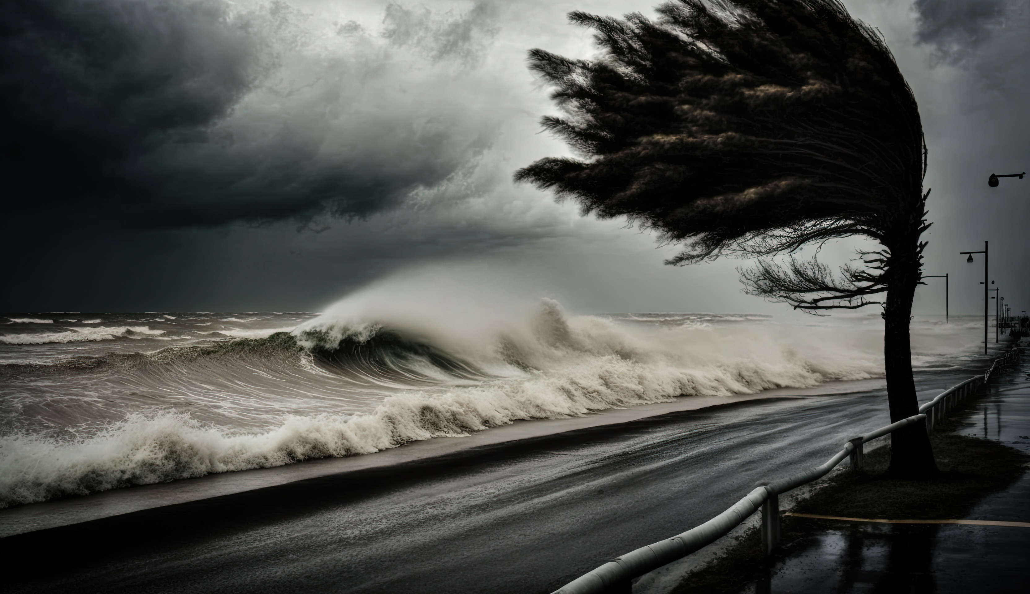 Storm surge and high winds along a coastal roadway